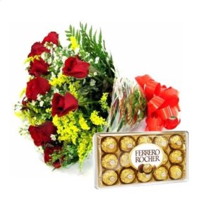 Buquê 12 Rosas com Ferrero Rocher - Doce Felicidade