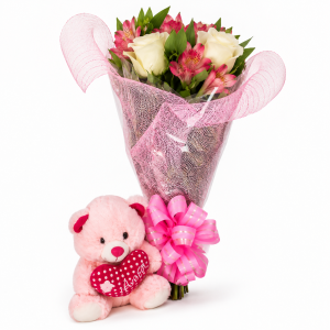 Arranjo de Flores Mistas com Pelúcia - Doce Surpresa