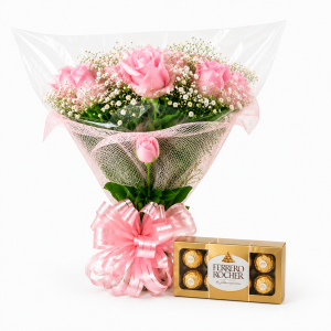 Buquê de Rosas Cor de Rosa com Ferrero Rocher