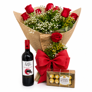 Buquê 12 Rosas, Vinho e Ferrero Rocher - Doce Encanto