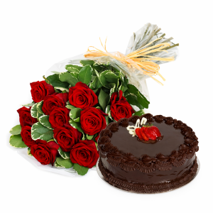 Buquê de 12 Rosas com Bolo - Celebre a Vida