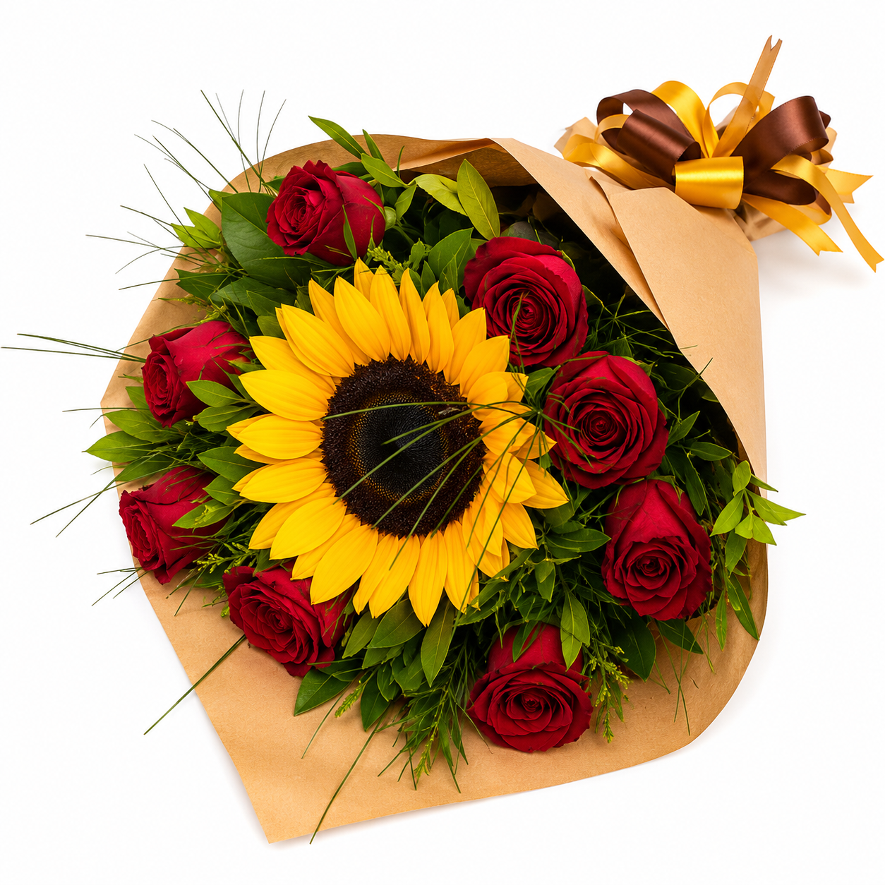Buquê 12 Rosas e Girassol - Meu amor