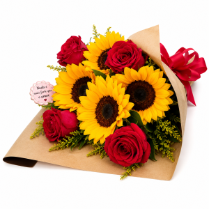 Buquê 06 Rosas Colombianas e 04 Girassois - Verdadeiro Amor