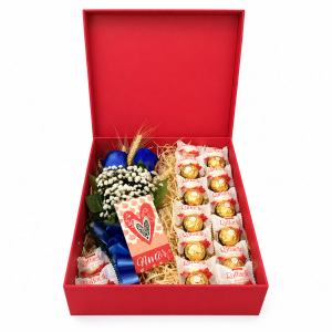 Cesta de Chocolates, Arranjo de Rosas e Cartão - O amor está no ar!