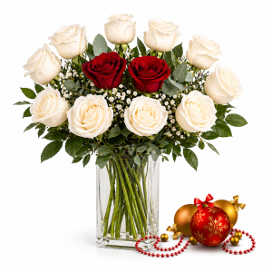 Buquê no Vaso 12 Rosas Nacionais - As Cores do Natal IV