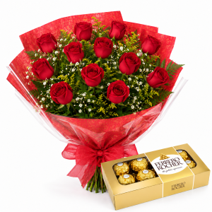 Buquê 12 Rosas Nacionais com Ferrero Rocher - Doce Felicidade
