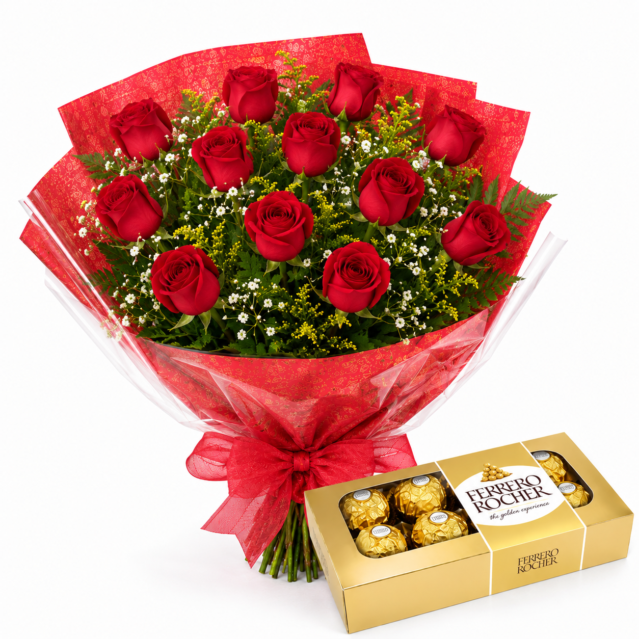 Buquê 12 Rosas Nacionais com Ferrero Rocher - Doce Felicidade