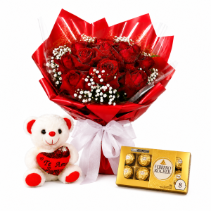 Buquê 12 Rosas Colombianas, com Ferrero Rocher e Pelúcia - Kit Amor Perfeito
